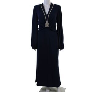 Reem Acra, Women Dark Blue V-Neck Long Sleeve Maxi Dress Size 6